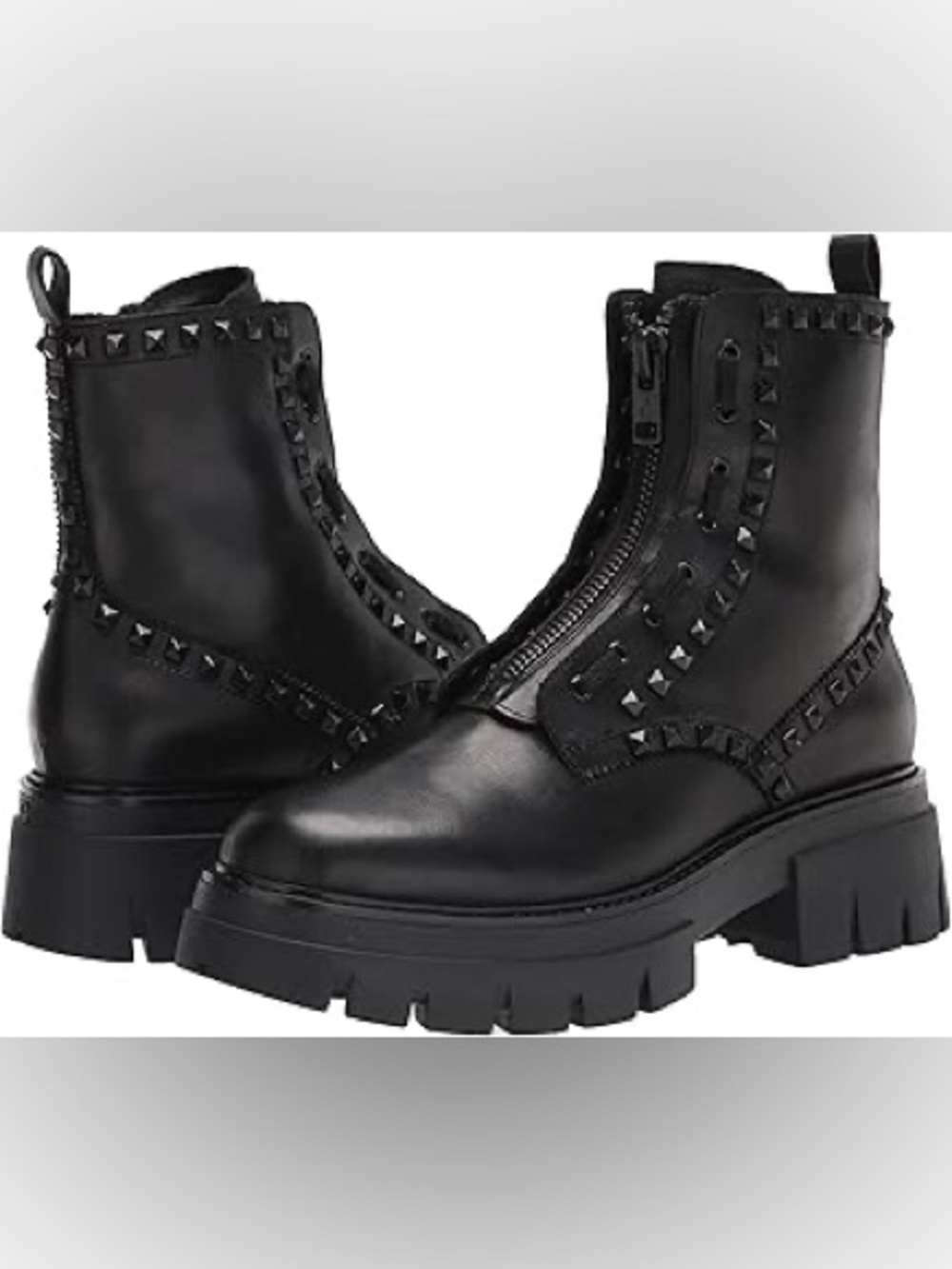 Ash Black Leather Studded Front-Zip Lug Ankle Boots